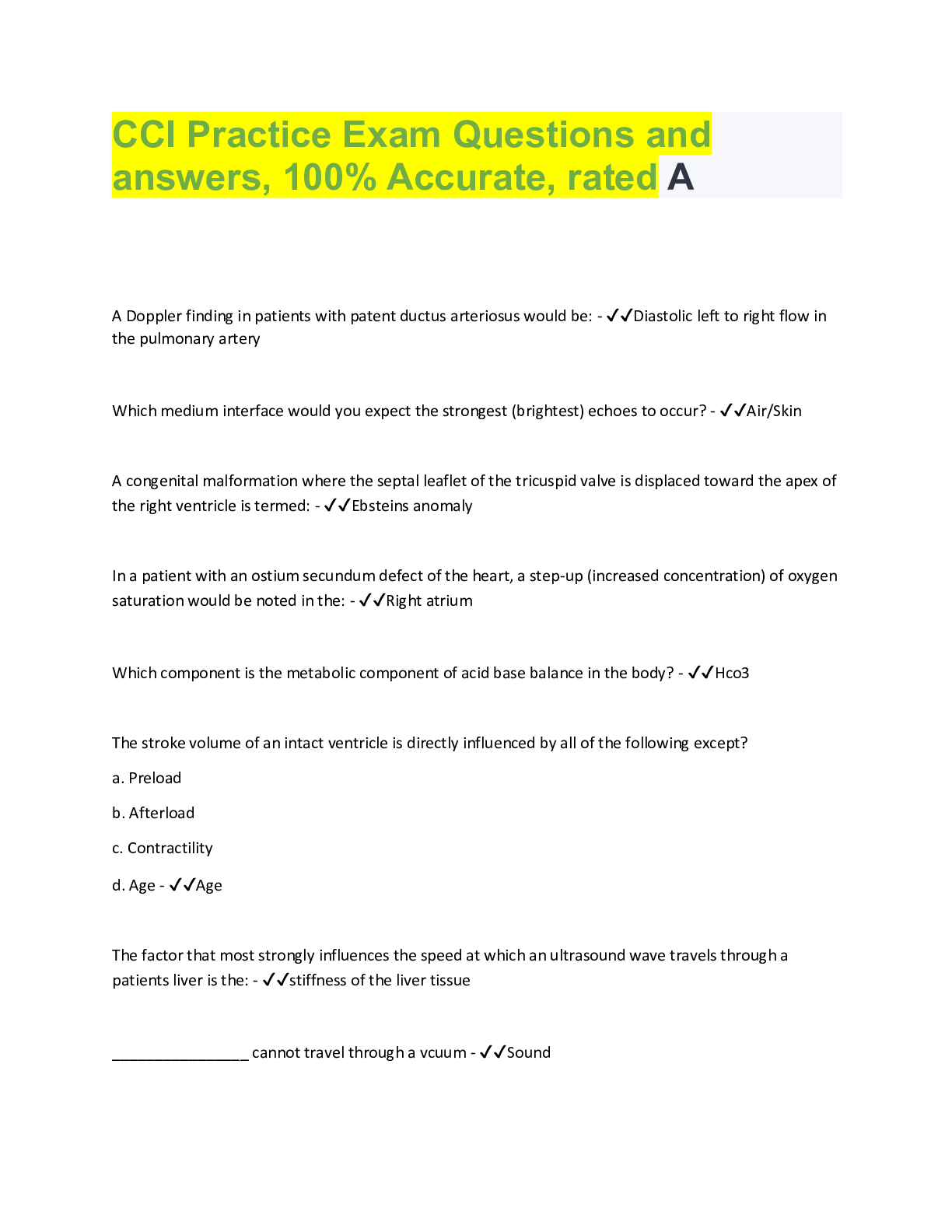 Preview image for CCI Practice Exam Questions and  answers, 100% Accurate, rated A A Doppler finding in patients with pa